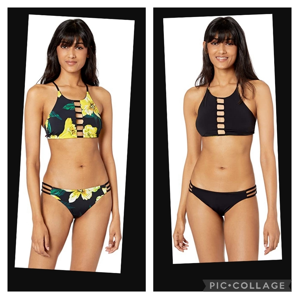 Reversible Bikini Black and Yellow Floral Small Two Piece